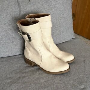 Women's Cream Mid-Calf Buckle Heeled Boots